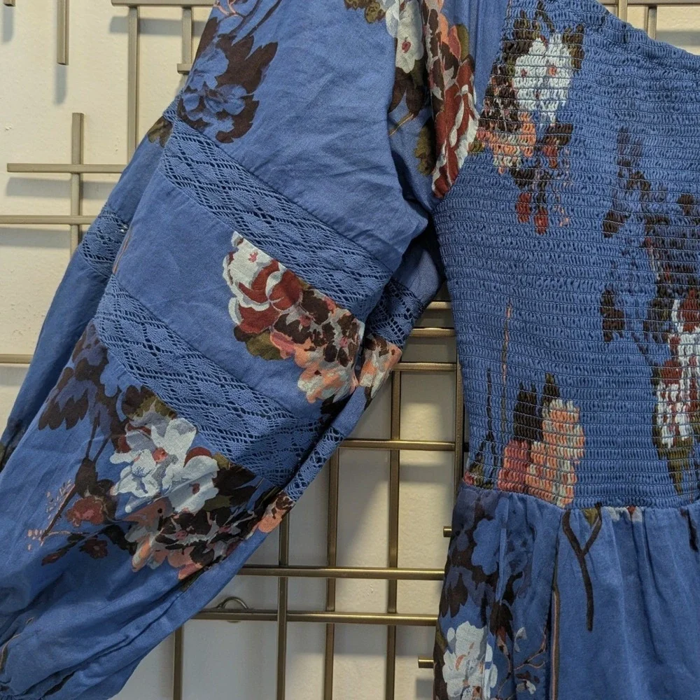 Free People Midi Dress Blue Floral Smocked Puff Sleeve Sz M OB2003304 Boho NWT